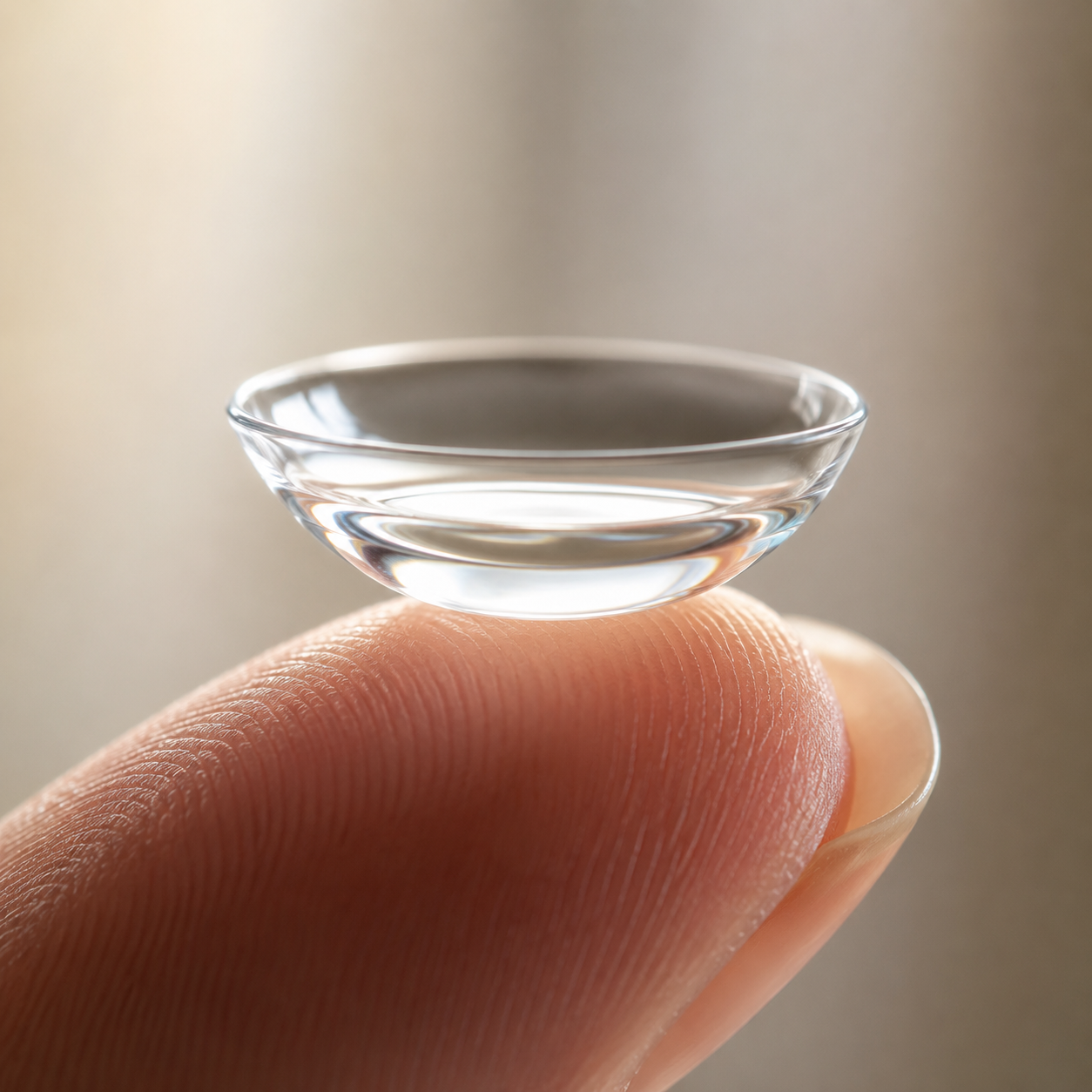 A scleral contact lens held on a fingertip